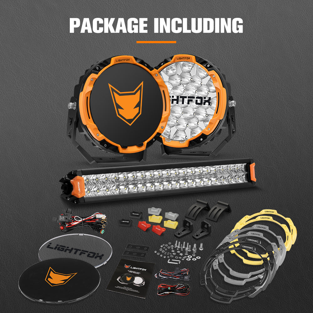 Lightfox 9 inch Osram LED Driving Lights + 20 inch Dual Row LED Light Bar + Wiring Kit - Sunyee