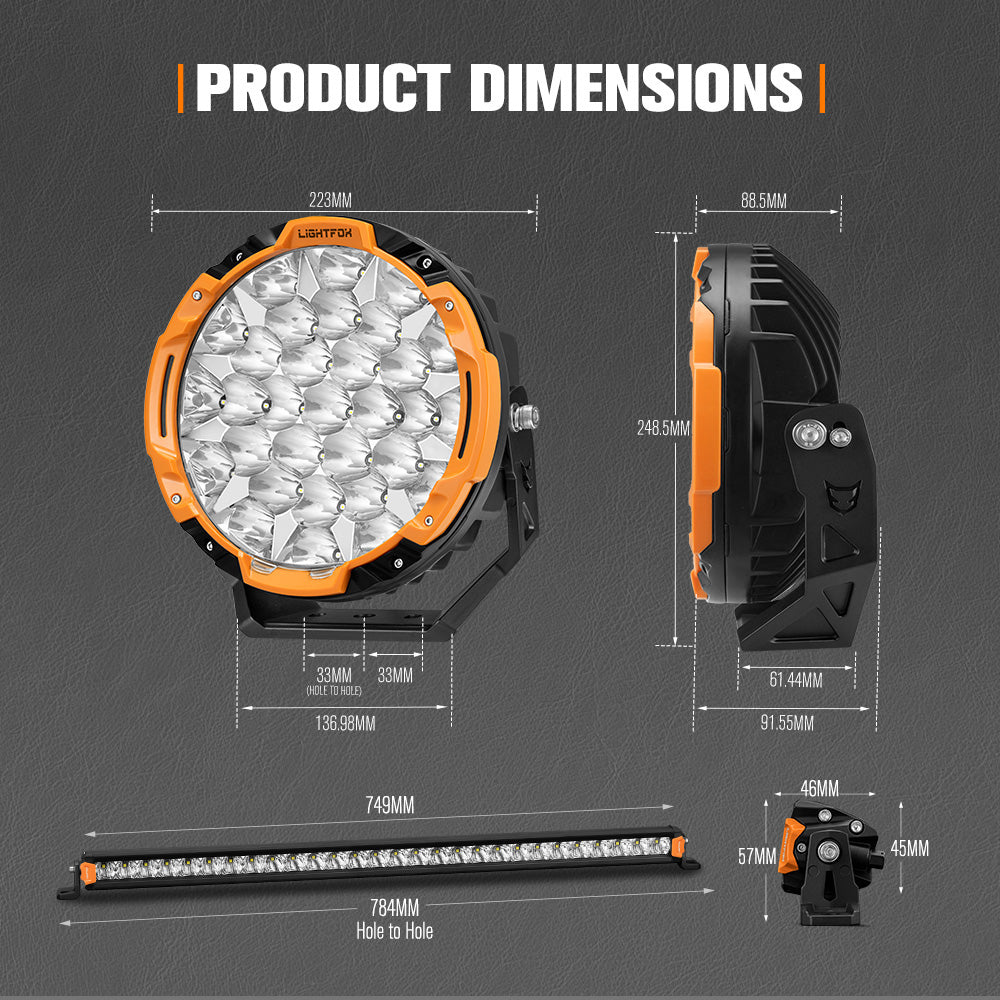 Lightfox 9 inch Osram LED Driving Lights + 28 inch Single Row LED Light Bar + Wiring Kit - Sunyee