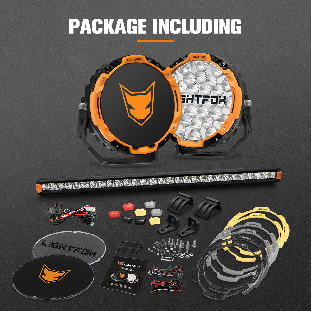 Lightfox 9 inch Osram LED Driving Lights + 28 inch Single Row LED Light Bar + Wiring Kit - Sunyee