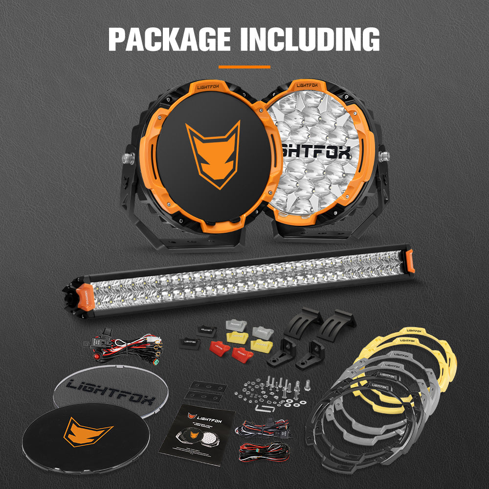 Lightfox 9 inch Osram LED Driving Lights + 30 inch Dual Row LED Light Bar + Wiring Kit - Sunyee