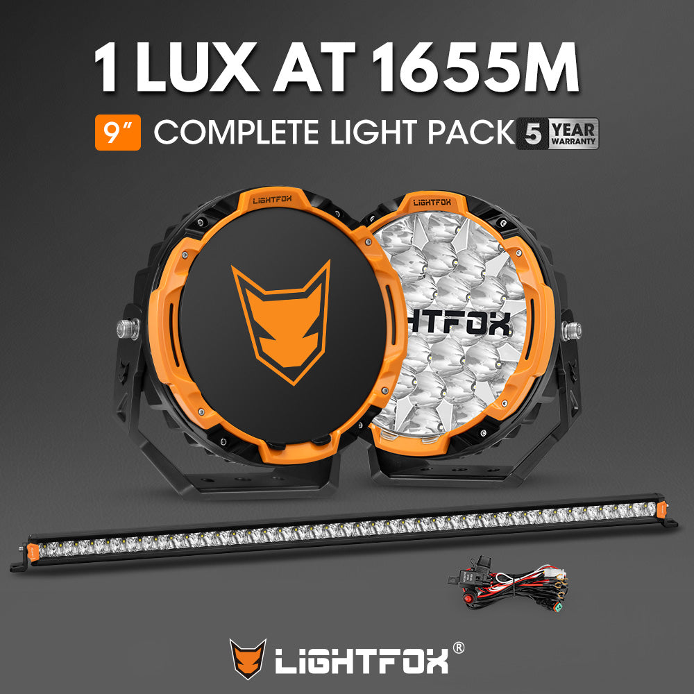 Lightfox 9 inch Osram LED Driving Lights + 40 inch Single Row LED Light Bar + Wiring Kit - Sunyee