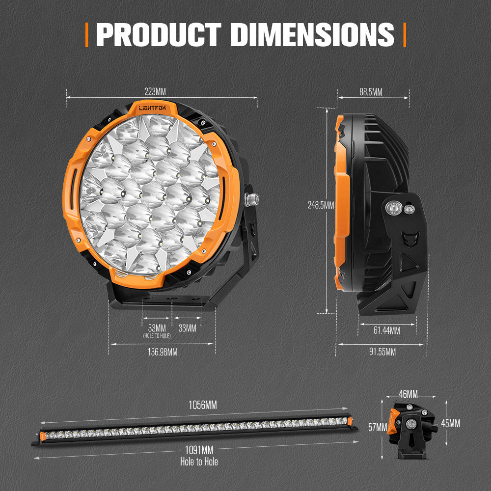Lightfox 9 inch Osram LED Driving Lights + 40 inch Single Row LED Light Bar + Wiring Kit - Sunyee
