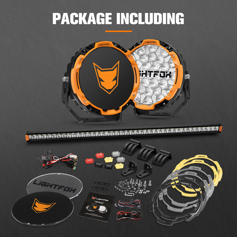 Lightfox 9 inch Osram LED Driving Lights + 40 inch Single Row LED Light Bar + Wiring Kit - Sunyee