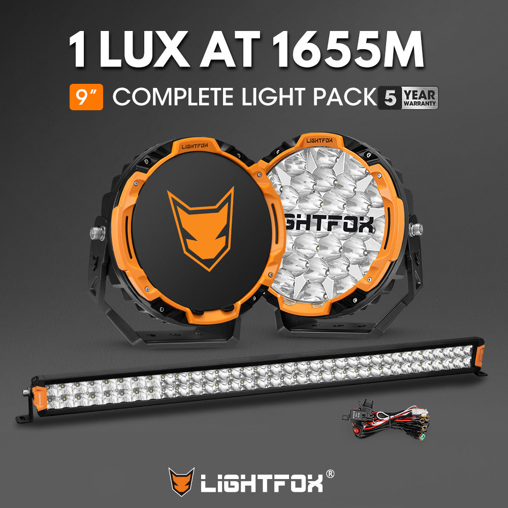 Lightfox 9 inch Osram LED Driving Lights + 40 inch Dual Row LED Light Bar + Wiring Kit - Sunyee