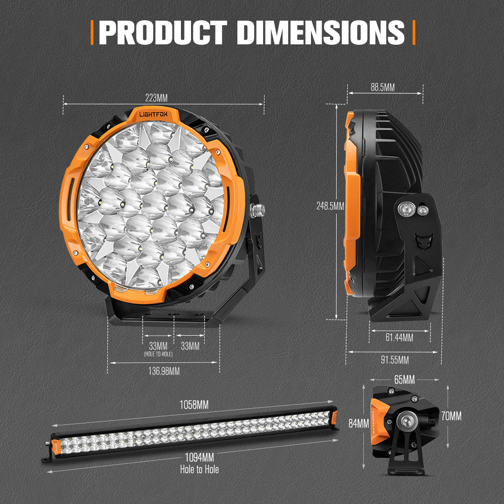 Lightfox 9 inch Osram LED Driving Lights + 40 inch Dual Row LED Light Bar + Wiring Kit - Sunyee