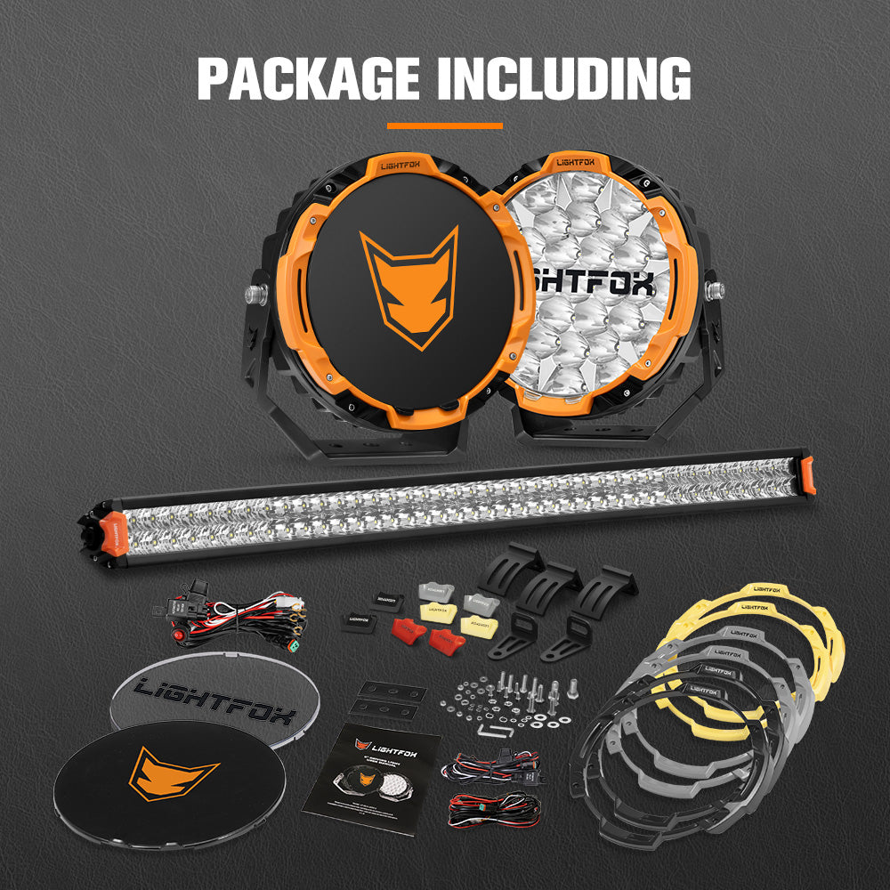 Lightfox 9 inch Osram LED Driving Lights + 40 inch Dual Row LED Light Bar + Wiring Kit - Sunyee