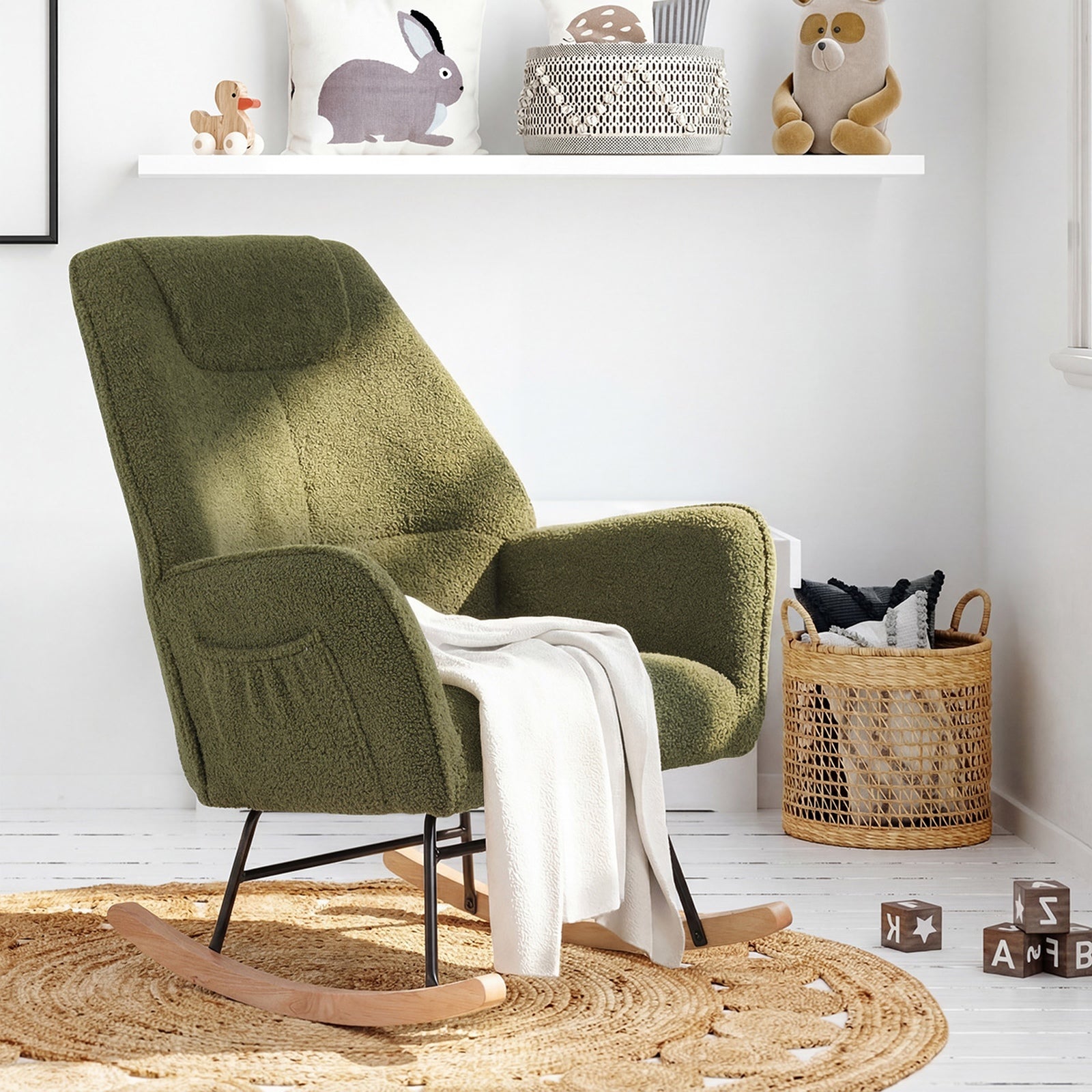 Oikiture Rocking Chair Nursing Armchair Sherpa Accent Chairs Upholstered Green