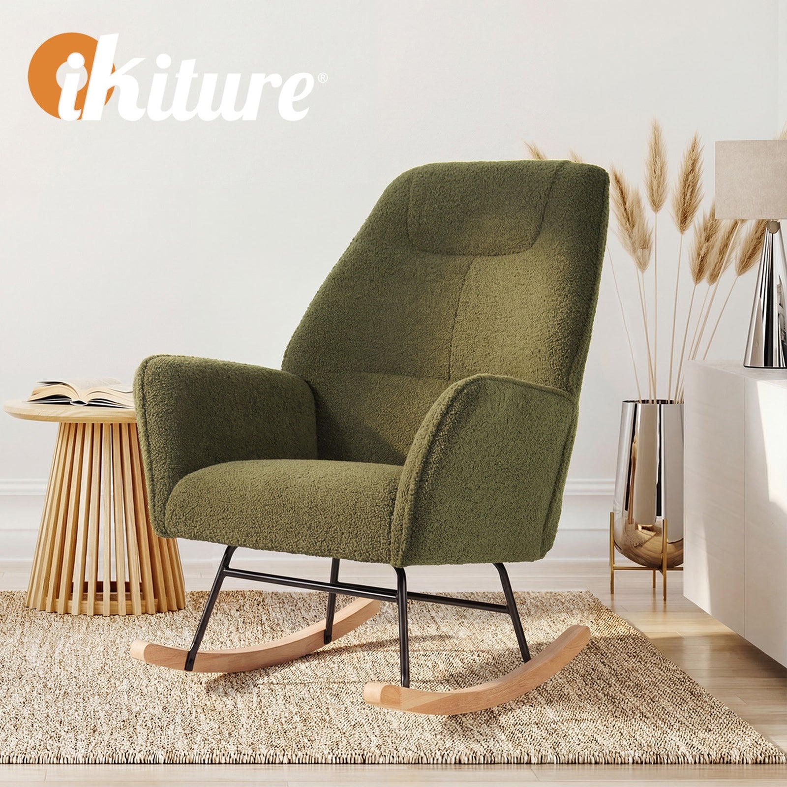 Oikiture Rocking Chair Nursing Armchair Sherpa Accent Chairs Upholstered Green