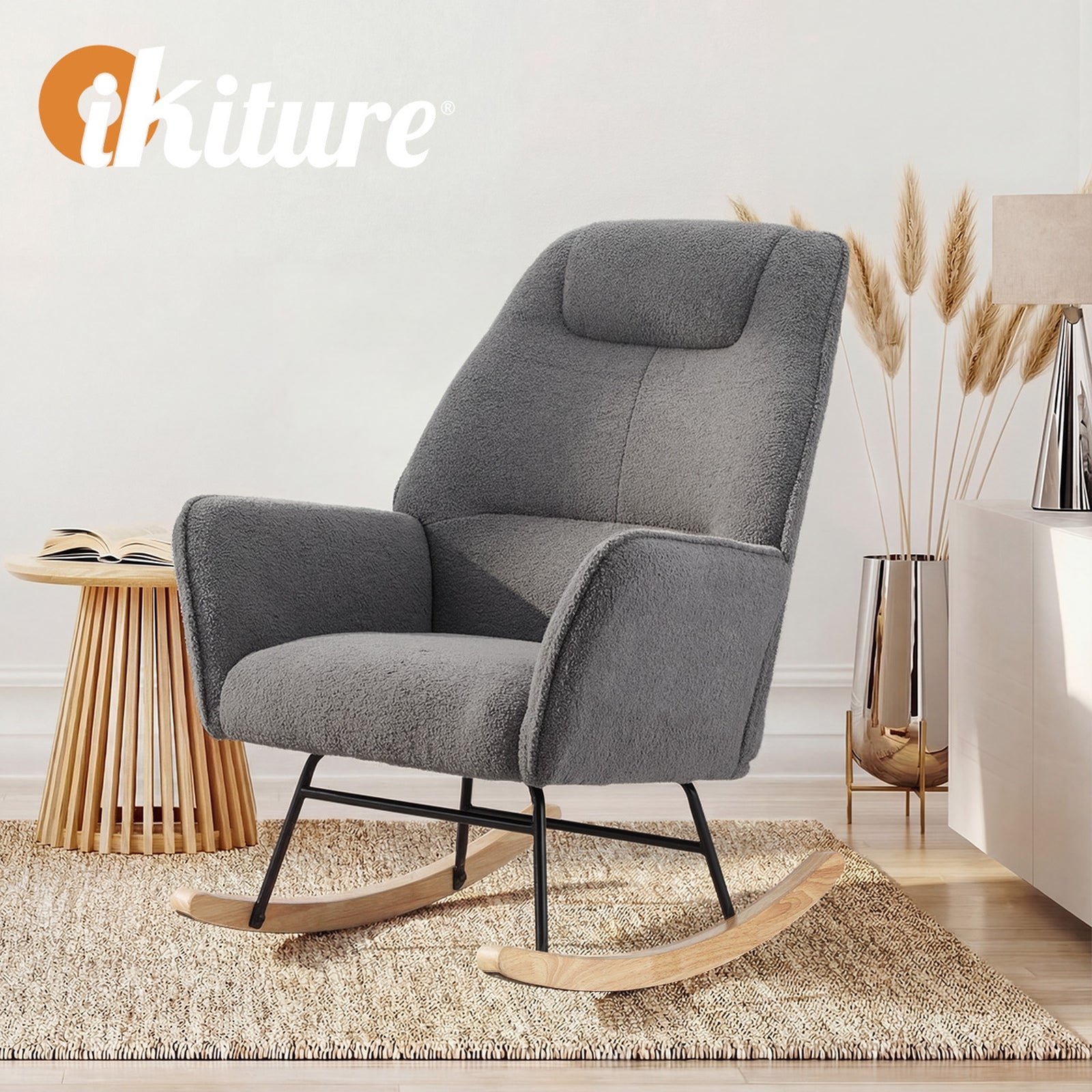 Oikiture Rocking Chair Nursing Armchair Sherpa Accent Chairs Upholstered Grey
