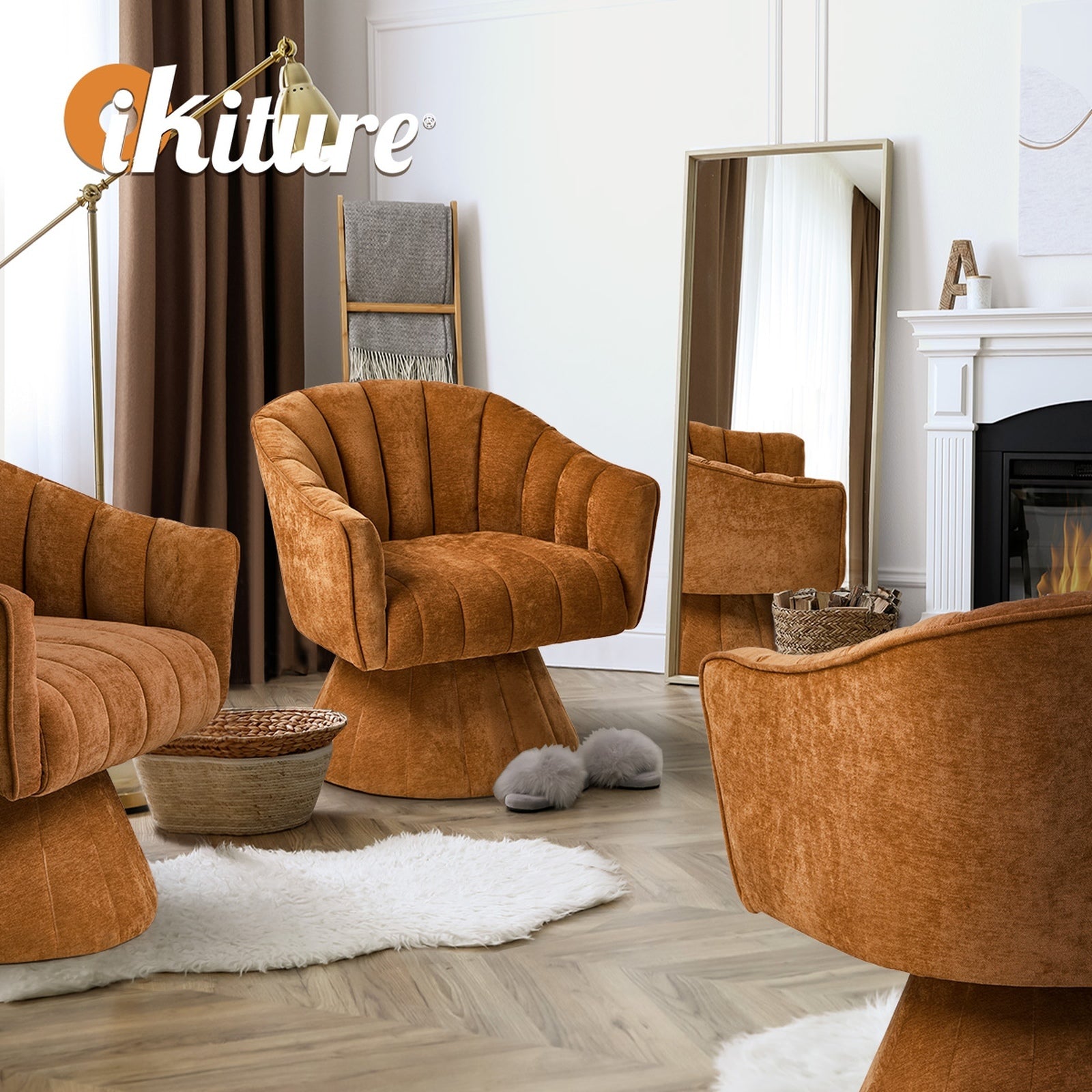 Oikiture 2x Swivel Armchair Linen Fabric Lounge Chair Accent Chair Orange - Sunyee