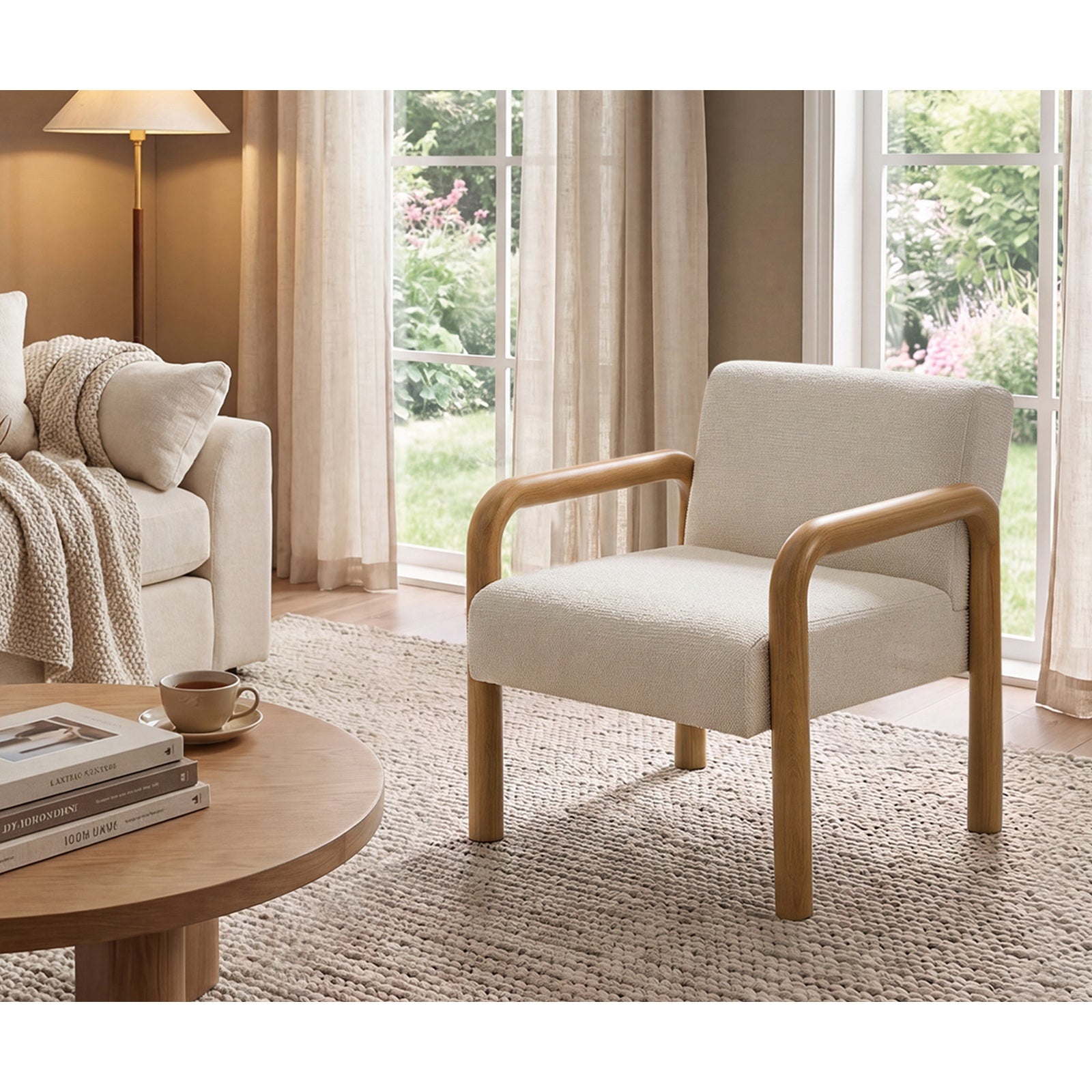 Oikiture Armchair Fabric Accent Chair Lounge Sofa Beige Timber Look Legs