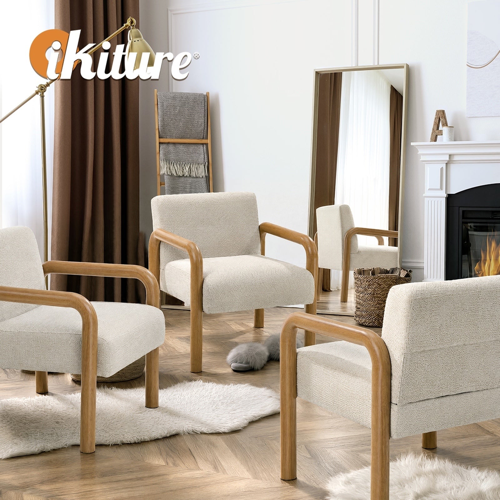 Oikiture Armchair Fabric Accent Chair Lounge Sofa Beige Timber Look Legs