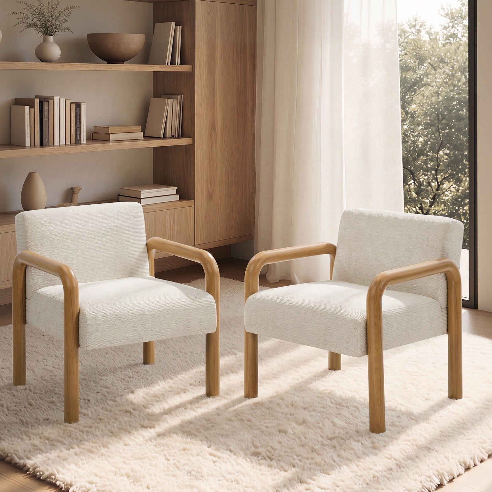 Oikiture 2x Armchair Fabric Accent Chair Lounge Sofa Beige Timber Look Legs