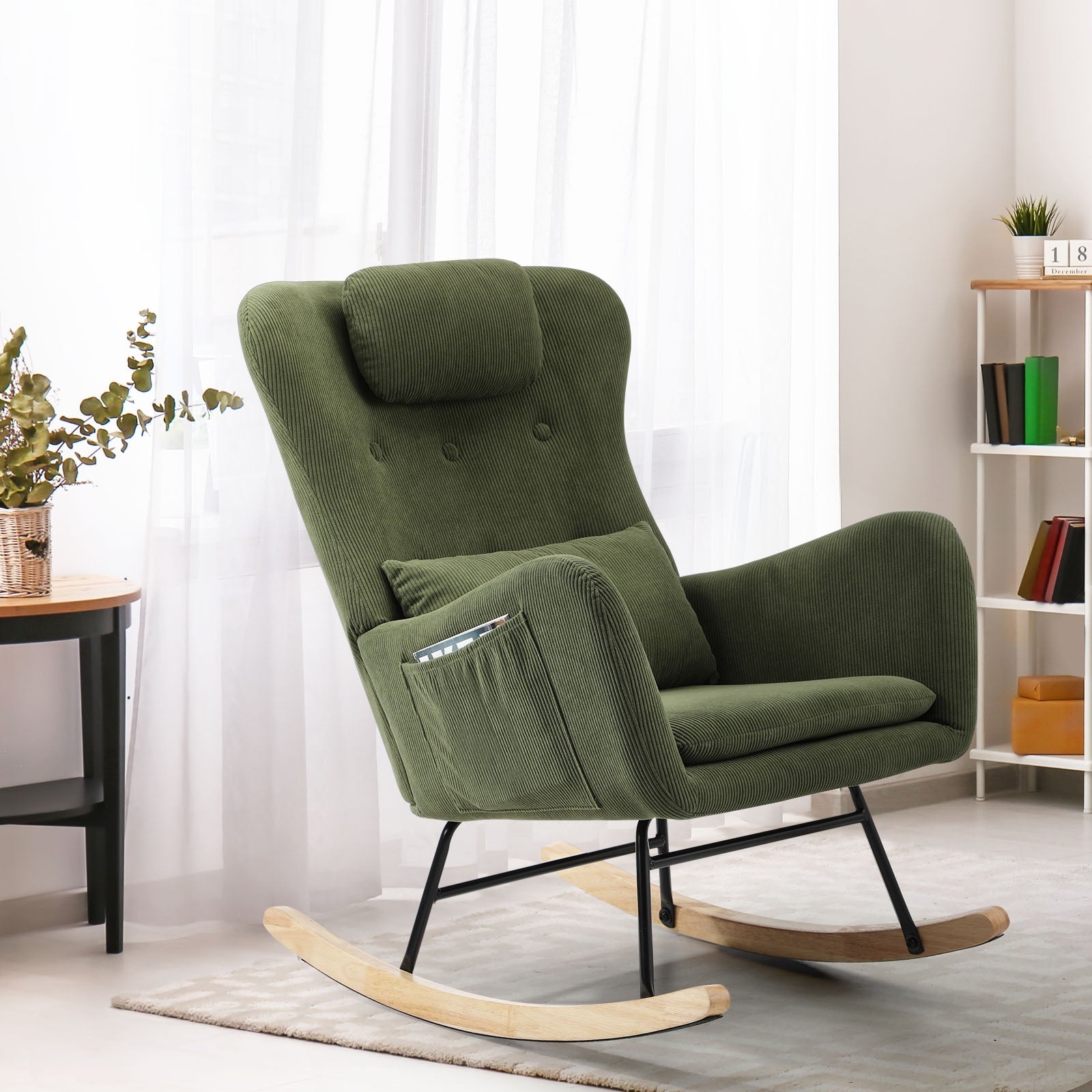 Oikiture Rocking Chair Nursing Armchair Velvet Accent Chairs With 2 Pillow Green - Sunyee