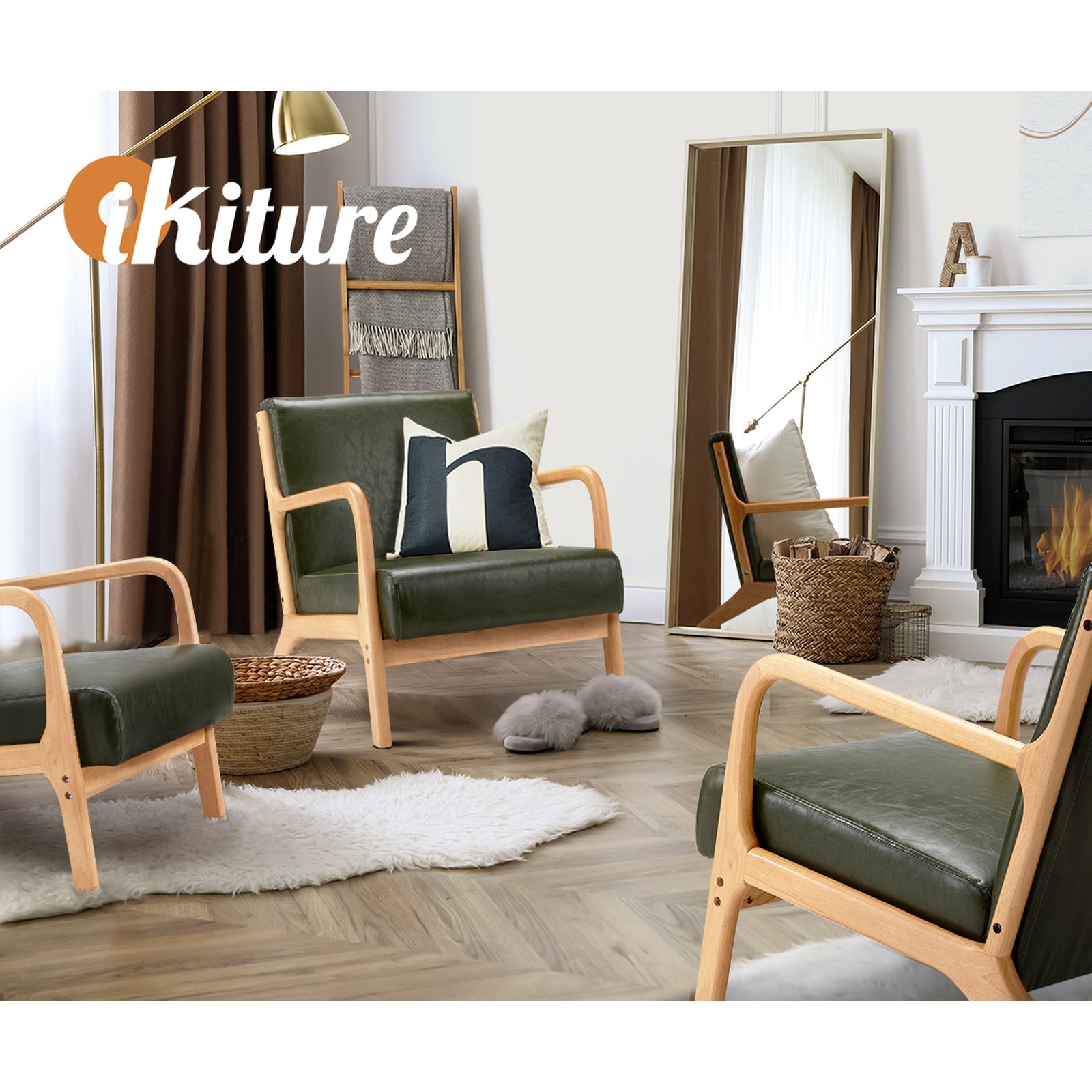 Oikiture Armchair Lounge Chair Accent Armchairs Couches Sofa Wood PU Green - Sunyee