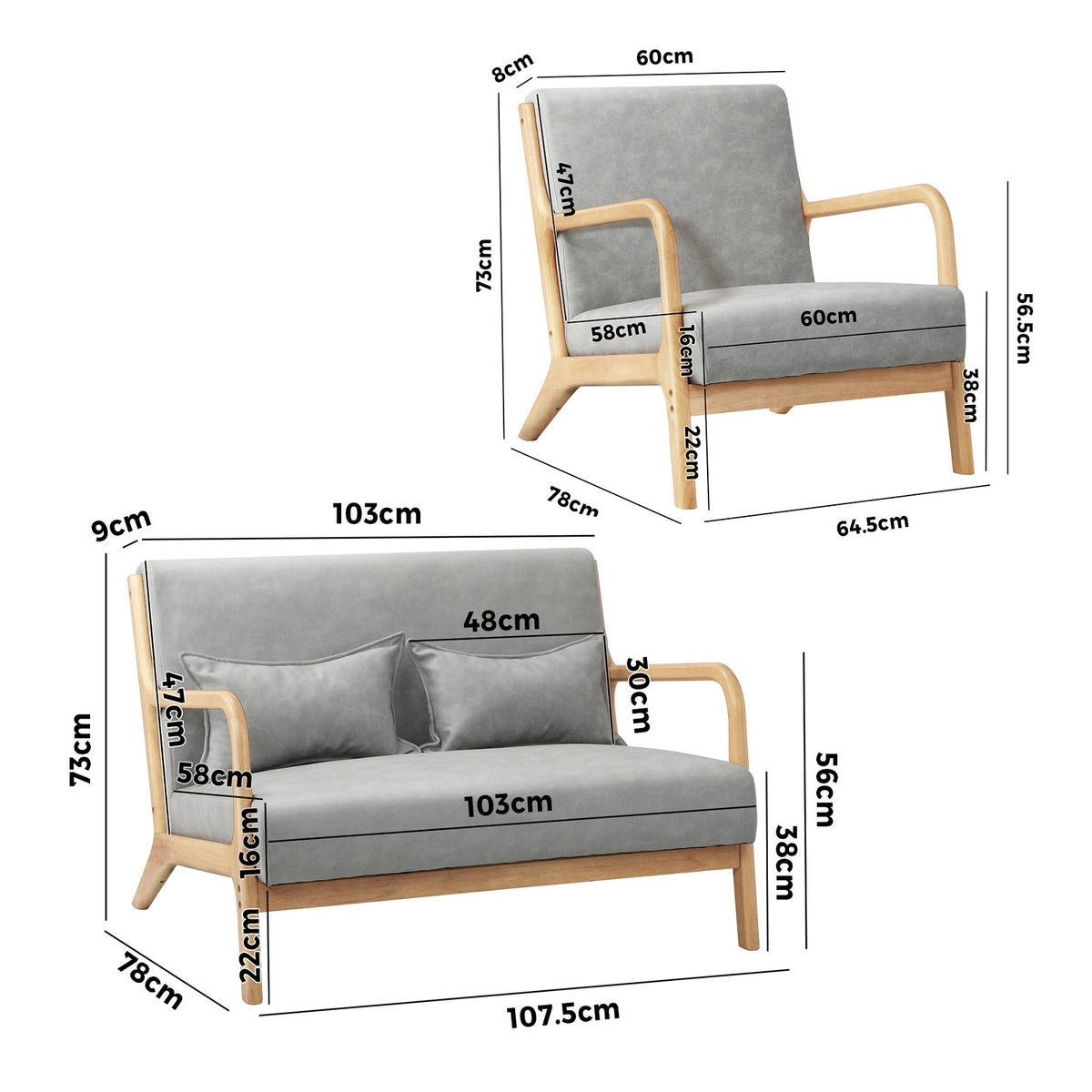 Oikiture 2PCS Armchair Lounge Chair set 1/2 Seater with 2 Pillows Fabric Grey - Sunyee