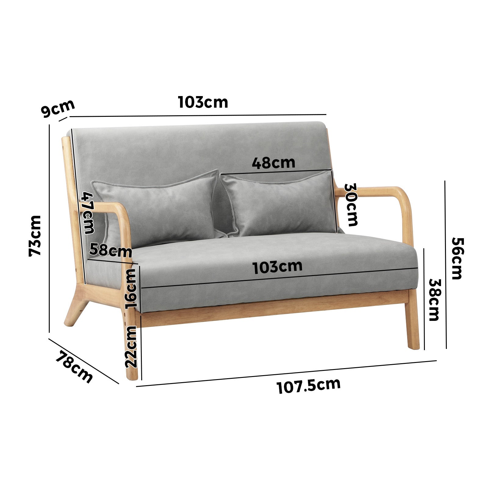 Oikiture Armchair Lounge Chair 2 Seater Accent Couch Sofa Fabric Grey Pillows - Sunyee