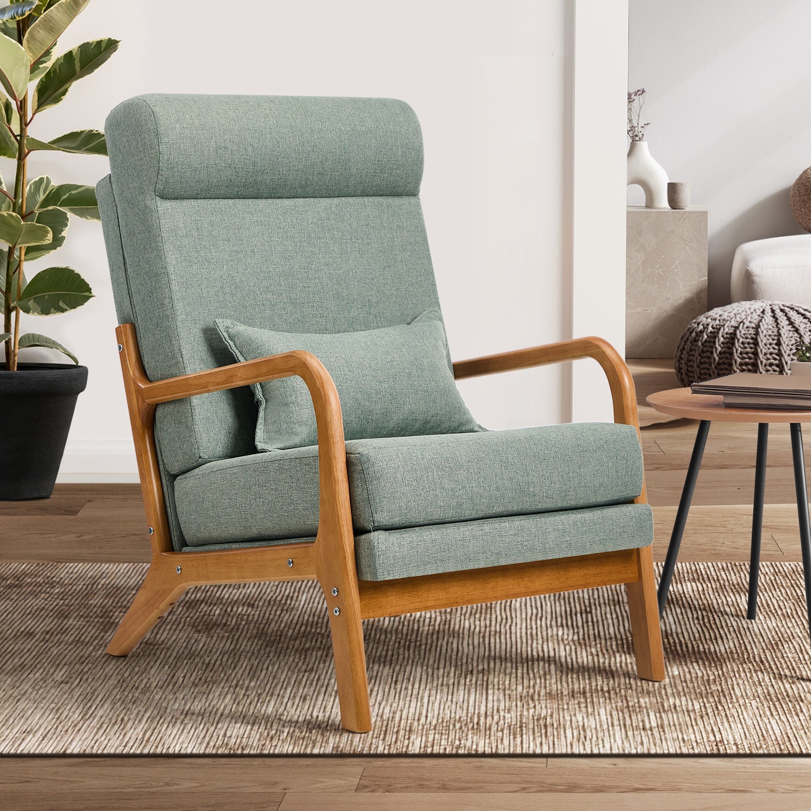Oikiture Armchair Linen Fabric Lounge Chair with Lumbar Pillow Green - Sunyee