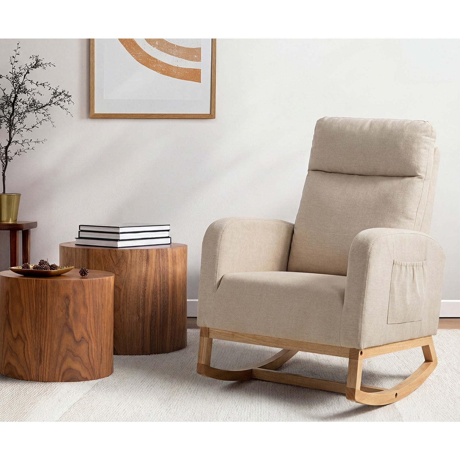 Oikiture Rocking Armchair Linen Fabric Lounge Chair Accent Chair Beige - Sunyee