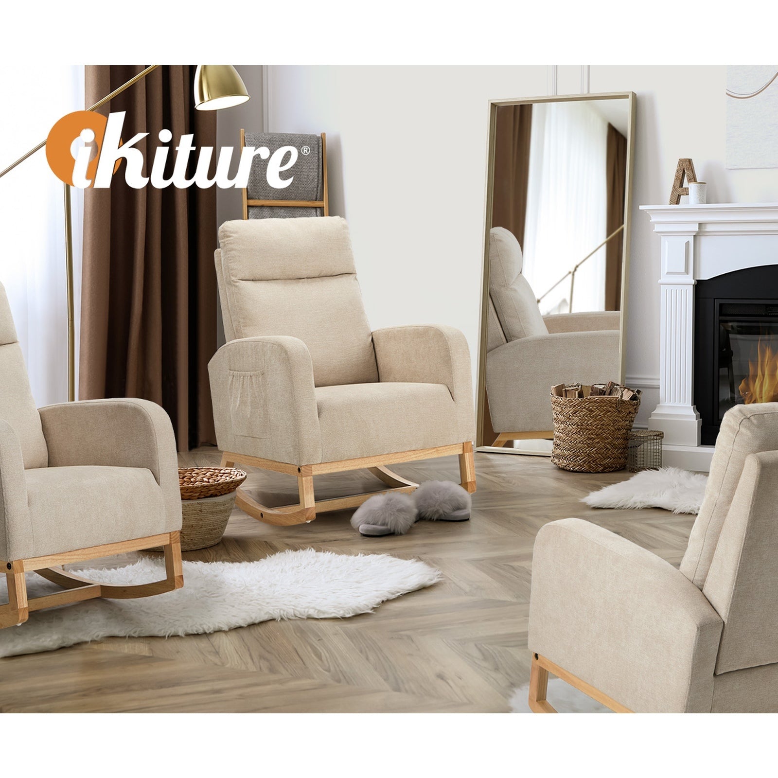 Oikiture 2x Rocking Armchair Linen Fabric Lounge Chair Accent Chair Beige - Sunyee