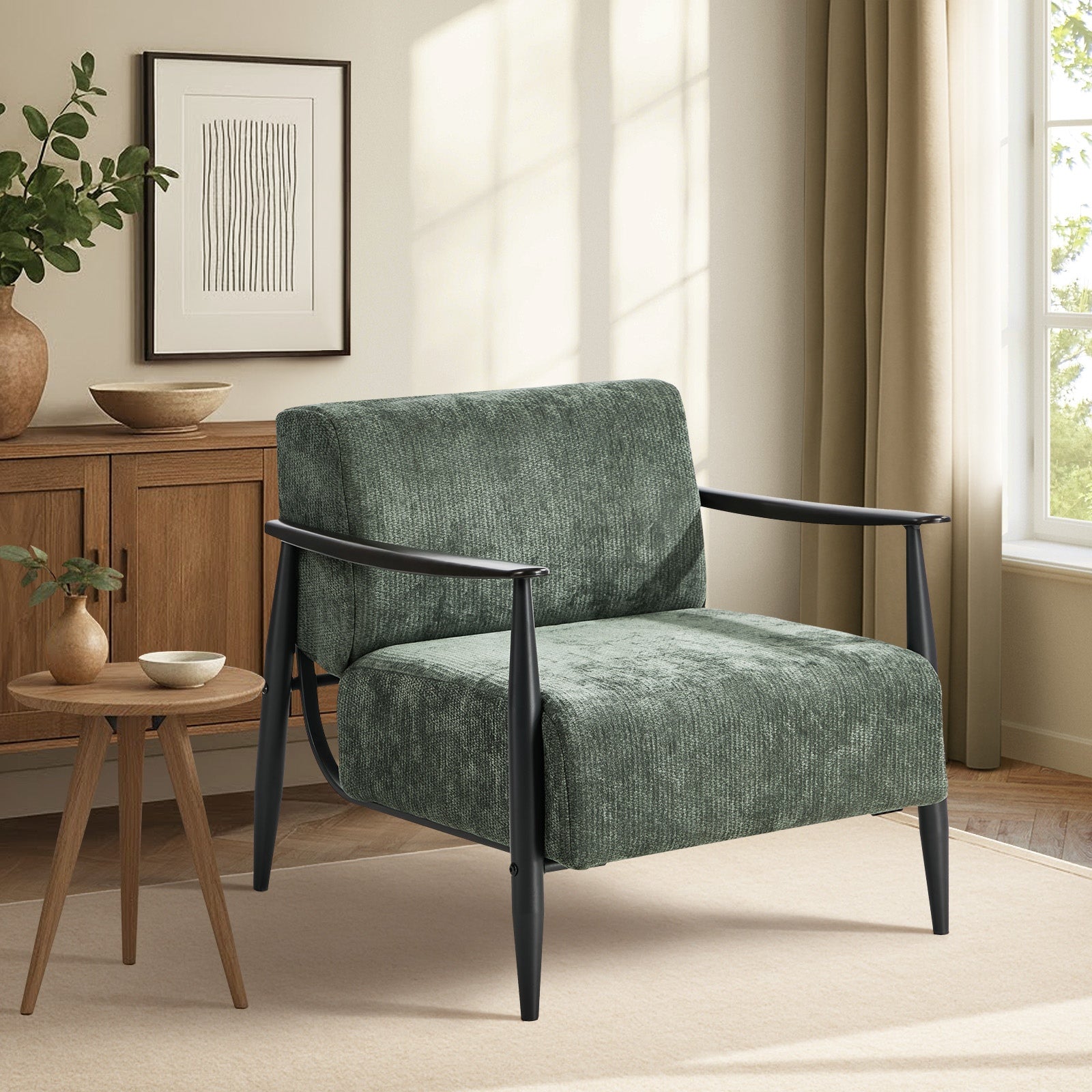 Oikiture Wooden Armchair Lounge Sofa Chair Chenille Accent Armchairs Green