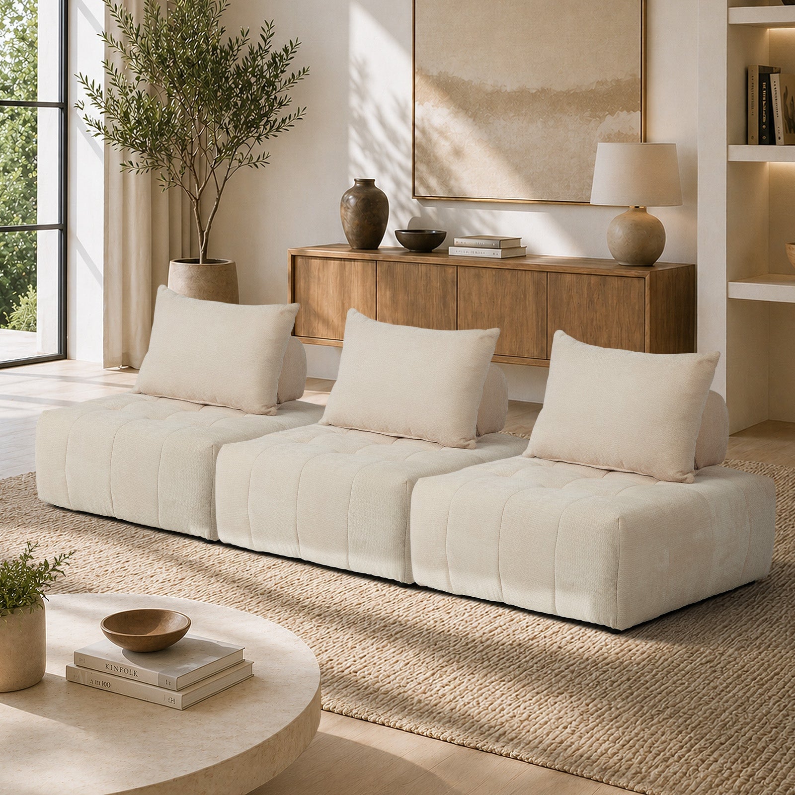 Oikiture 3x Chenille Modular Sofa Floor Lounge Chair w/Pillow TOFU Armless