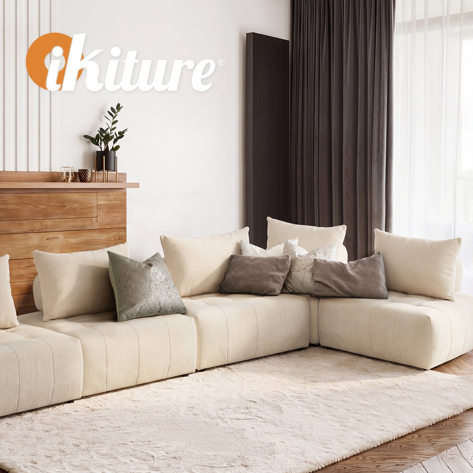 Oikiture 4x Chenille Modular Sofa Floor Lounge Chair w/Pillow TOFU Armless Beige
