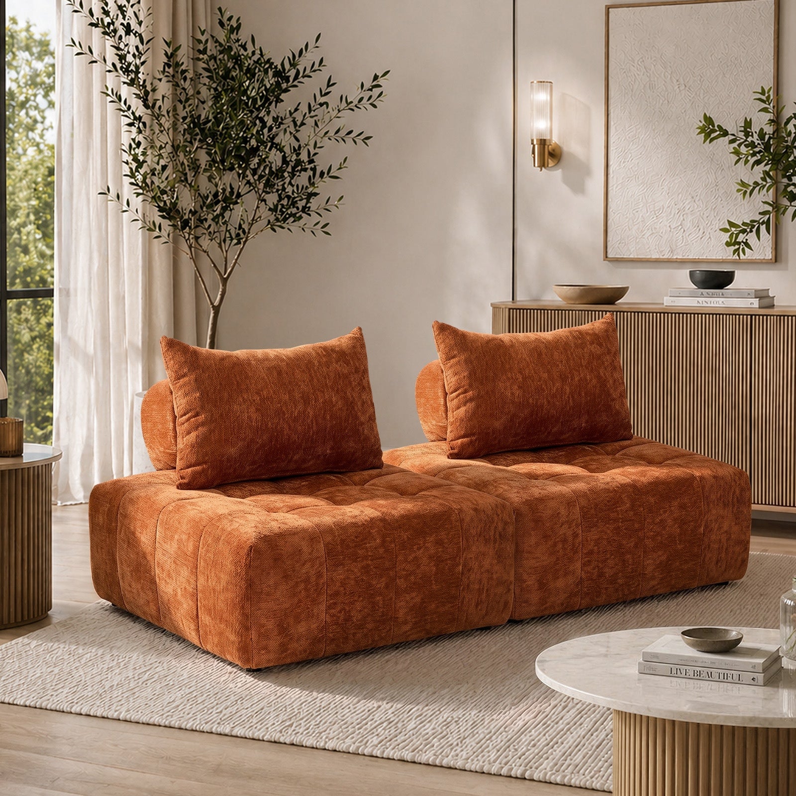 Oikiture 2x Chenille Modular Sofa Floor Lounge Chair w/Pillow TOFU Armless Brown