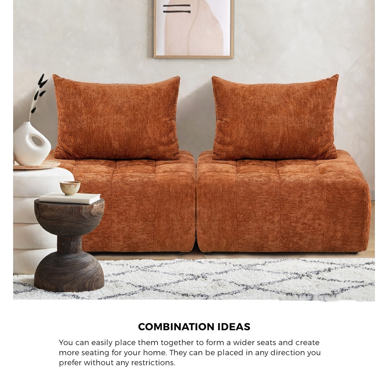 Oikiture 2x Chenille Modular Sofa Floor Lounge Chair w/Pillow TOFU Armless Brown