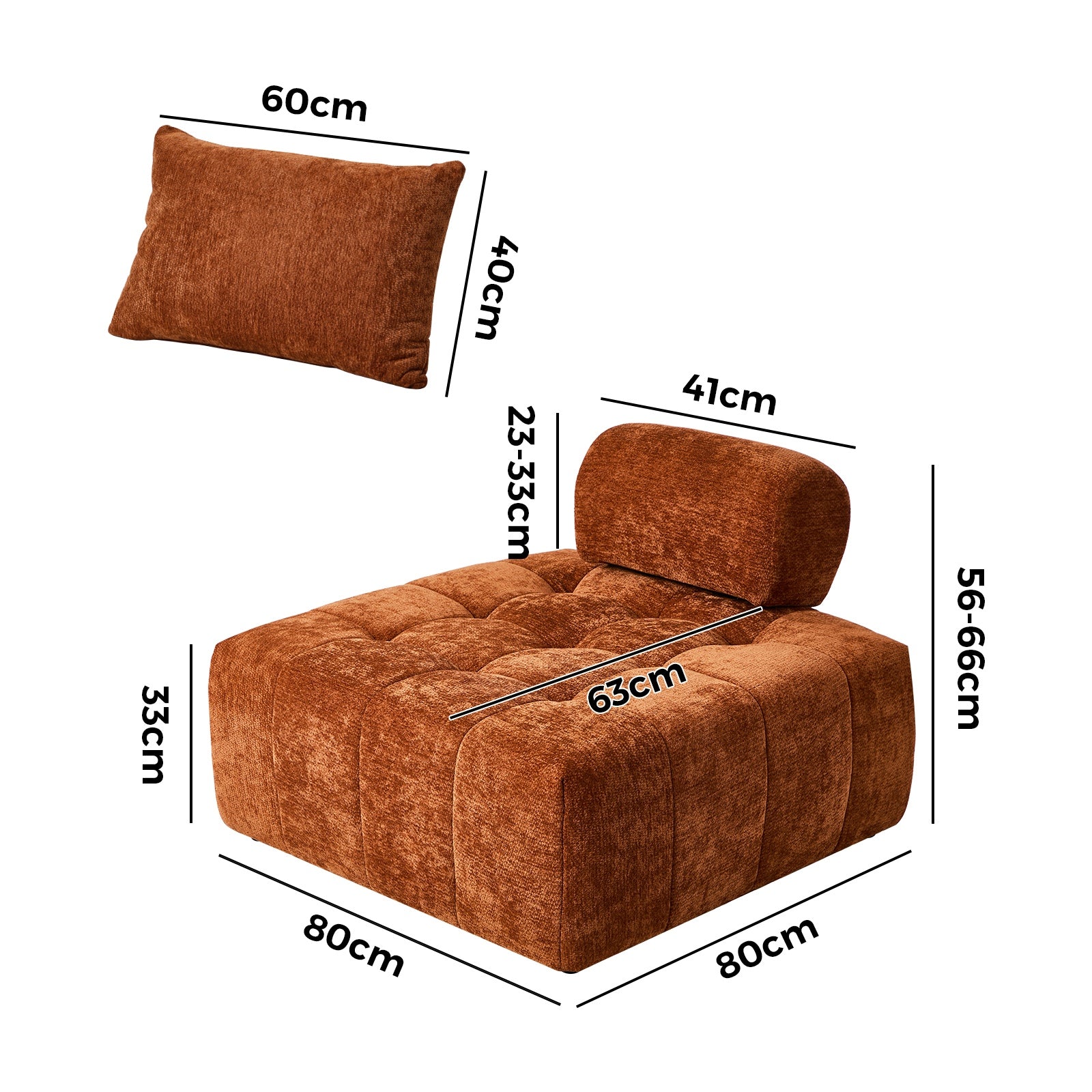 Oikiture 2x Chenille Modular Sofa Floor Lounge Chair w/Pillow TOFU Armless Brown