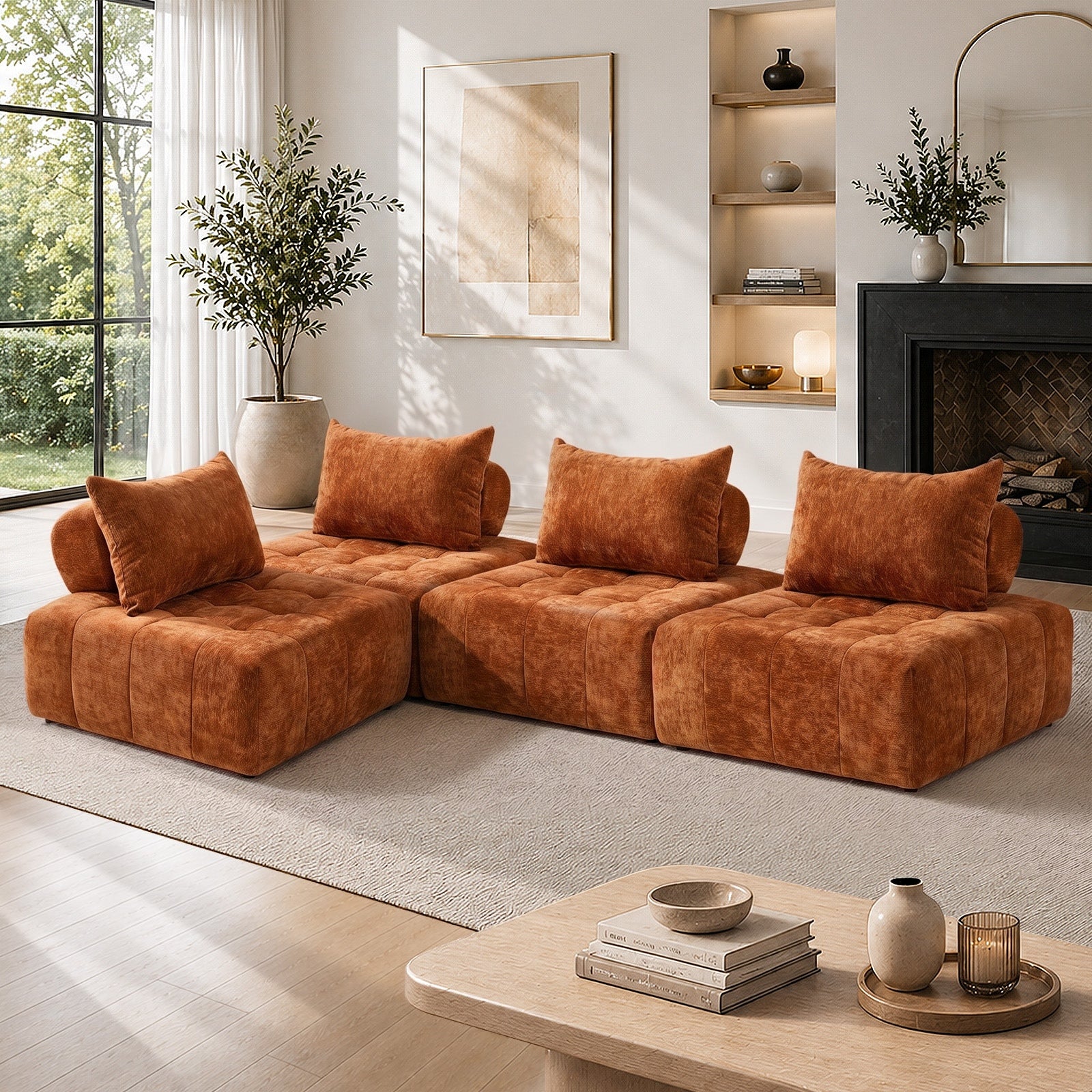Oikiture 4x Chenille Modular Sofa Floor Lounge Chair w/Pillow TOFU Armless