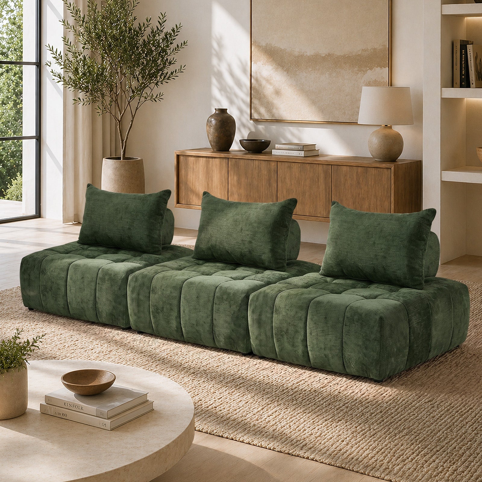Oikiture 3x Chenille Modular Sofa Floor Lounge Chair w/Pillow TOFU Armless Green