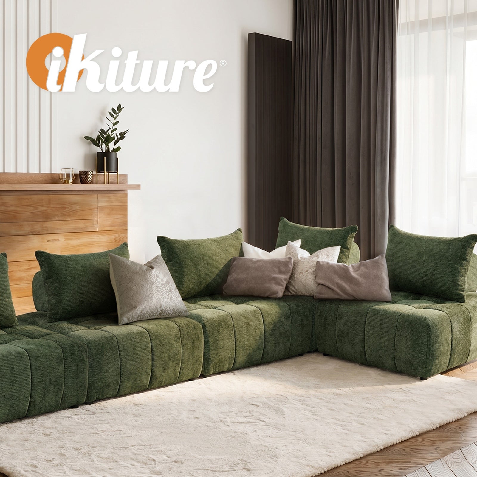 Oikiture 3x Chenille Modular Sofa Floor Lounge Chair w/Pillow TOFU Armless Green