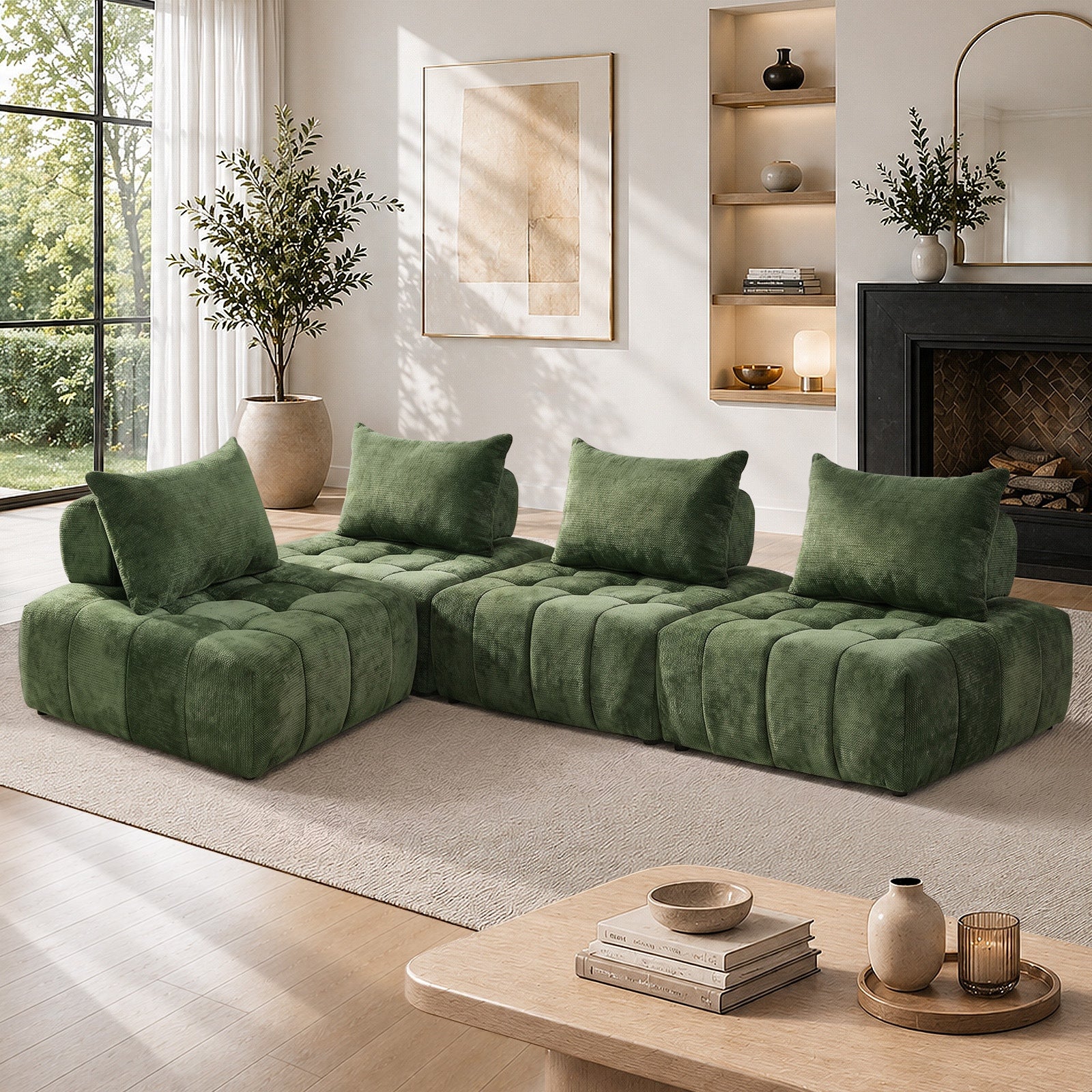 Oikiture 4x Chenille Modular Sofa Floor Lounge Chair w/Pillow TOFU Armless Green