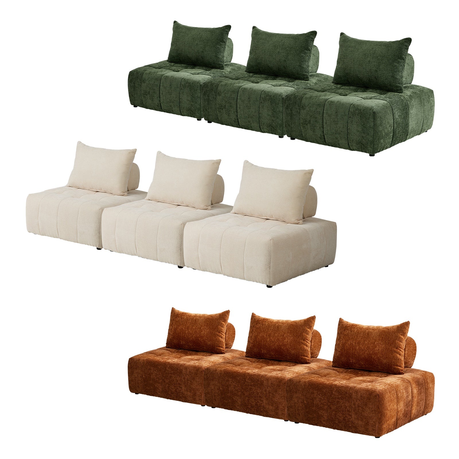 Oikiture 3x Chenille Modular Sofa Floor Lounge Chair w/Pillow TOFU Armless
