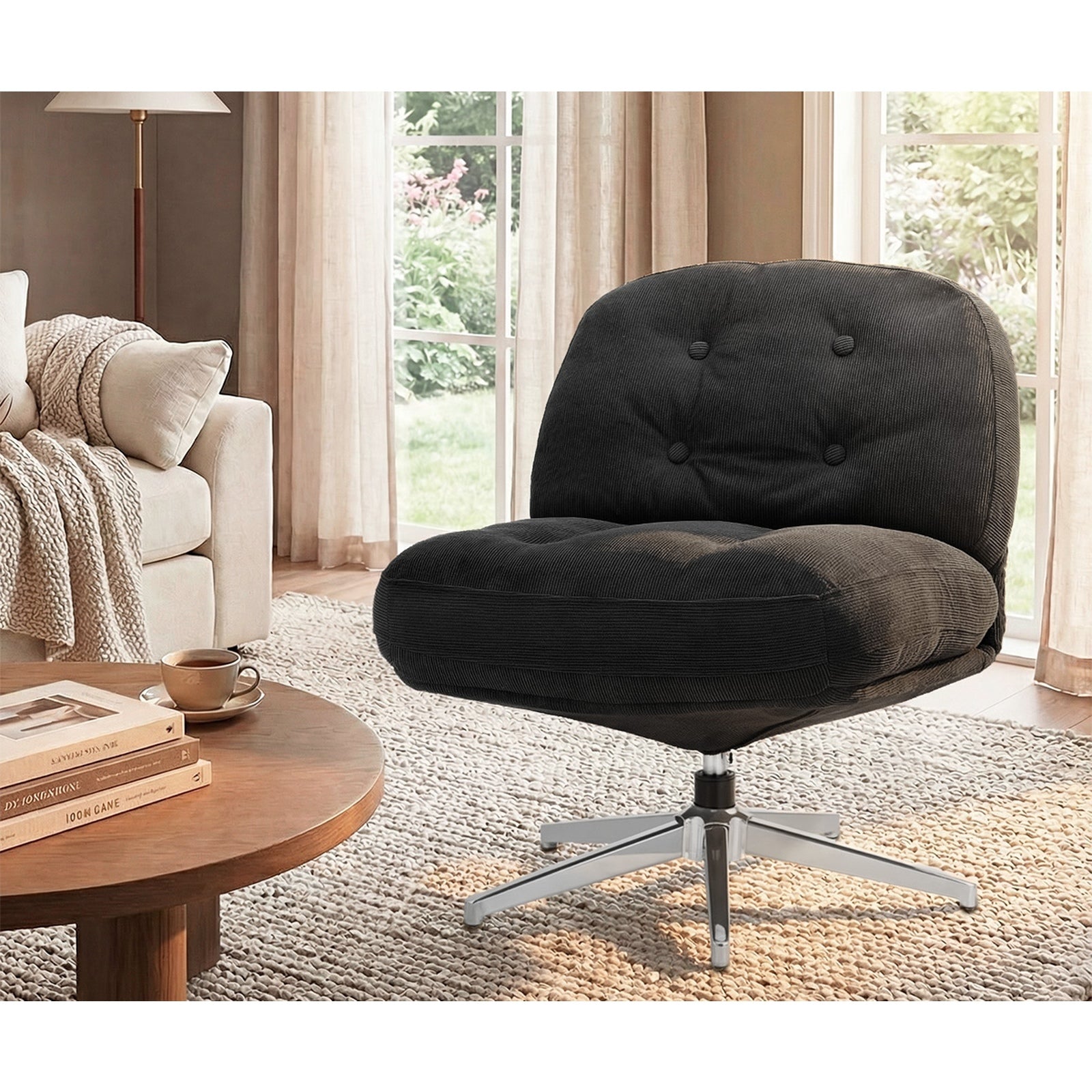 Oikiture 2x Armchair Swivel Lounge Chair Padded Accent Chairs Polyester Black - Sunyee