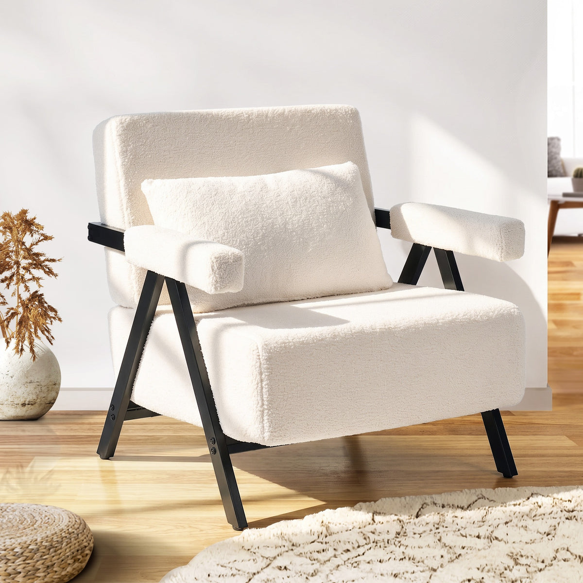 Oikiture Compressed Armchair Sherpa Lounge Chair Accent Sofa with Cushion