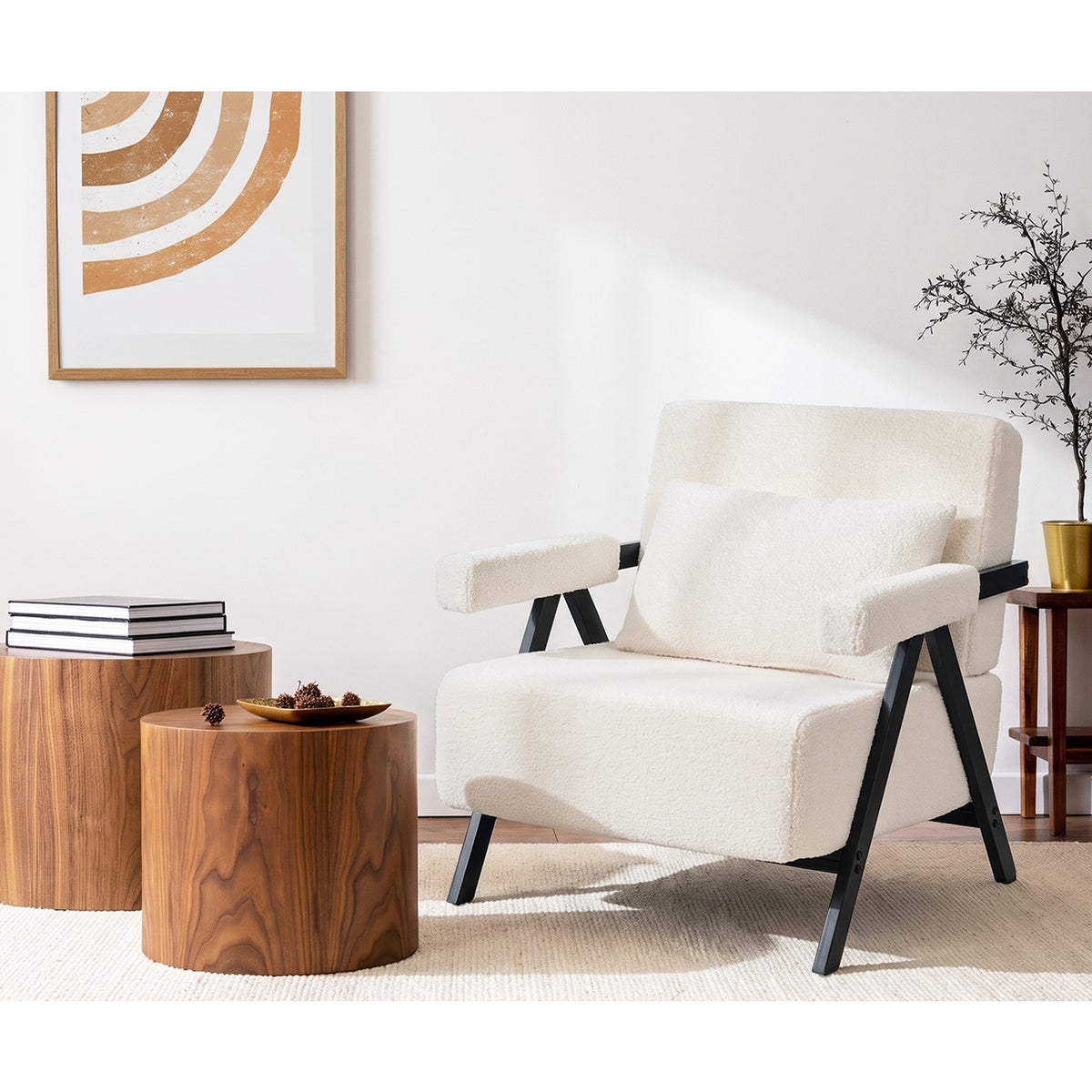 Oikiture Compressed Armchair Sherpa Lounge Chair Accent Sofa with Cushion