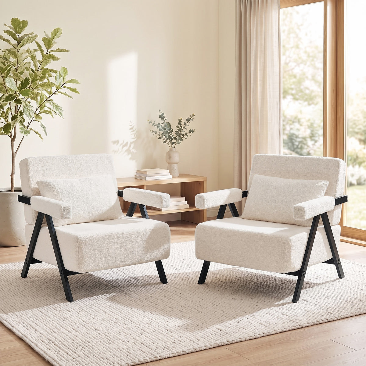 Oikiture 2x Compressed Armchair Sherpa Lounge Chair Accent Sofa with Cushion