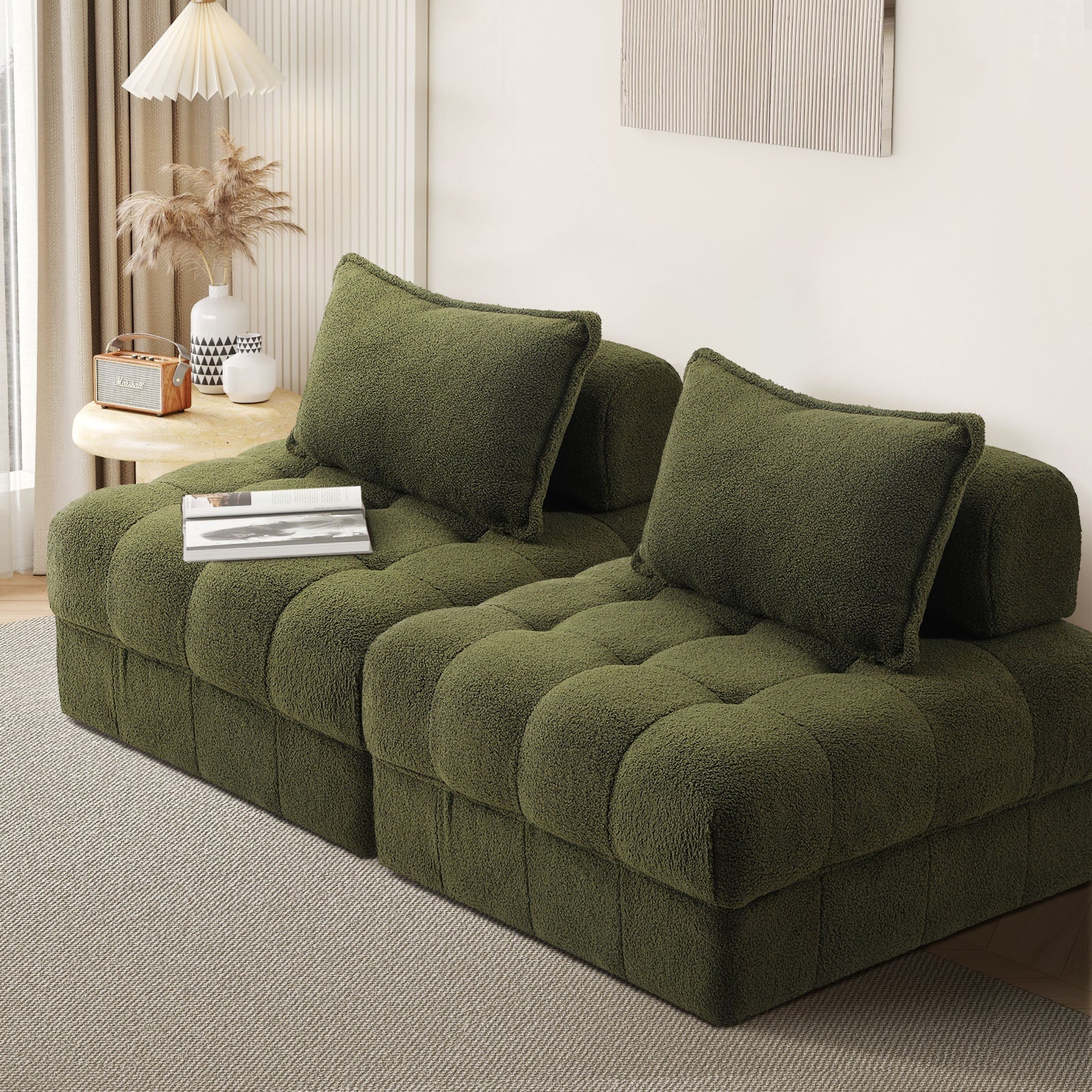 Oikiture 2 Seater Boucle Modular Sofa Lounge Chair Armless TOFU Back Green - Sunyee