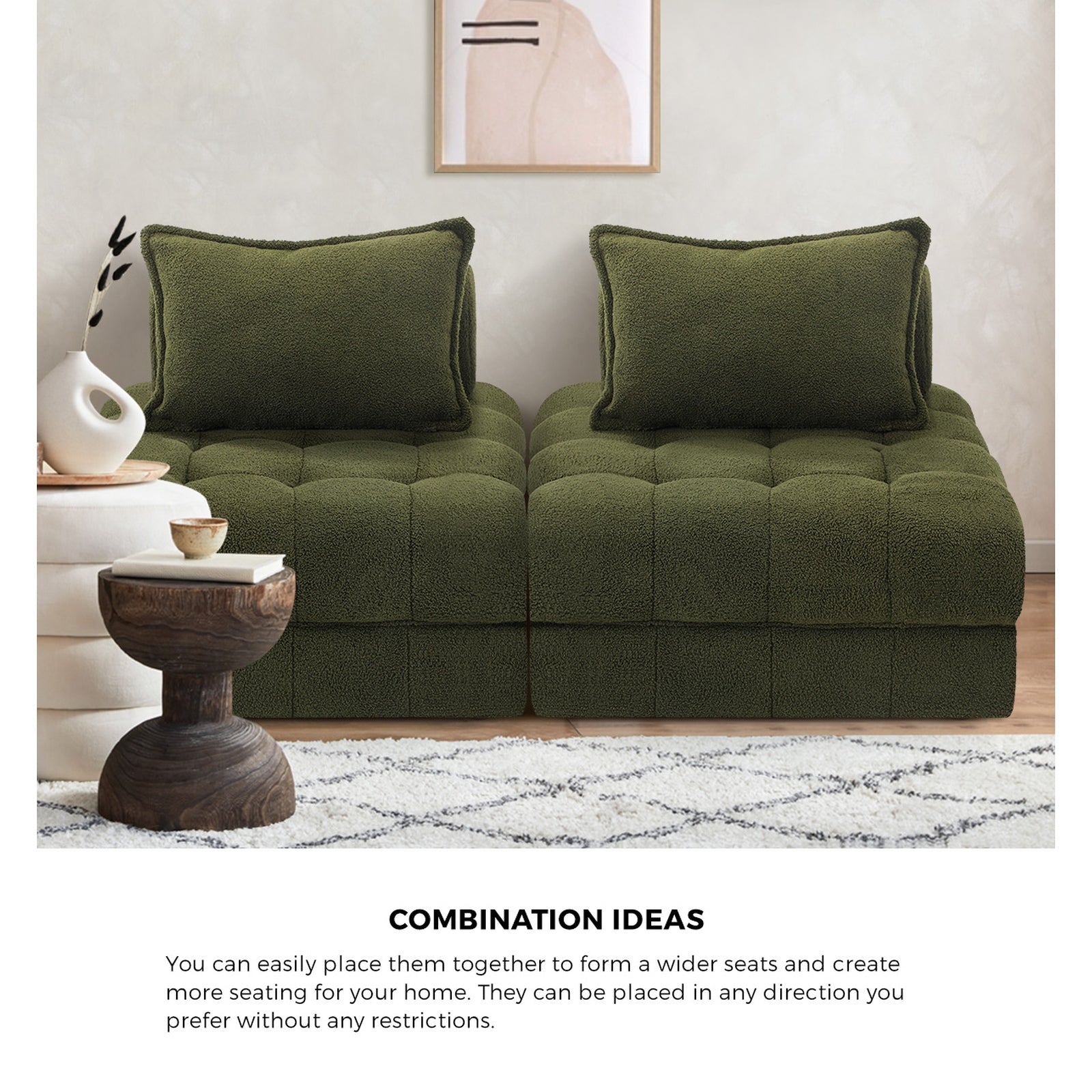 Oikiture 2 Seater Boucle Modular Sofa Lounge Chair Armless TOFU Back Green - Sunyee