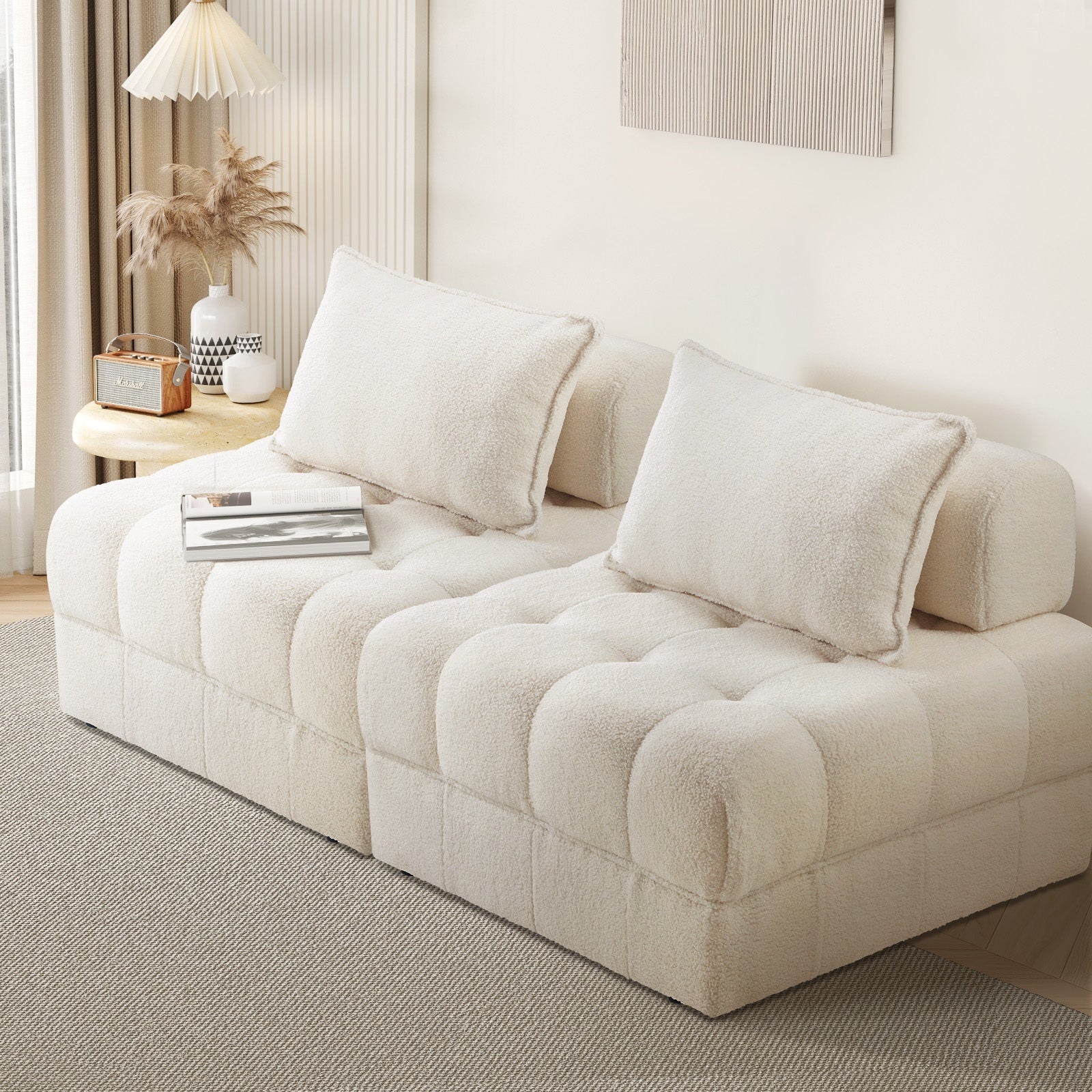 Oikiture 1-6 Seater Boucle/Velvet Modular Sofa & Ottoman Set Armless TOFU Back - Sunyee