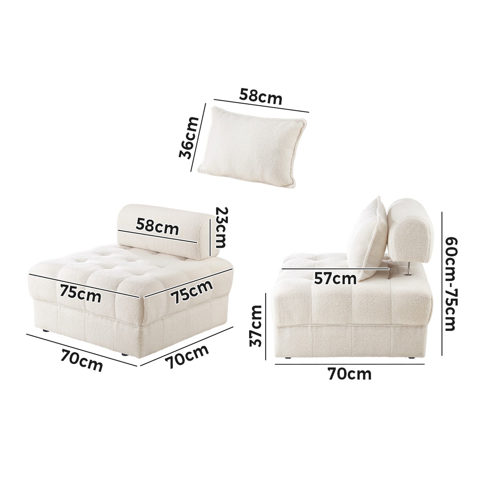 Oikiture 2 Seater Boucle Modular Sofa Lounge Chair Armless TOFU Back White - Sunyee