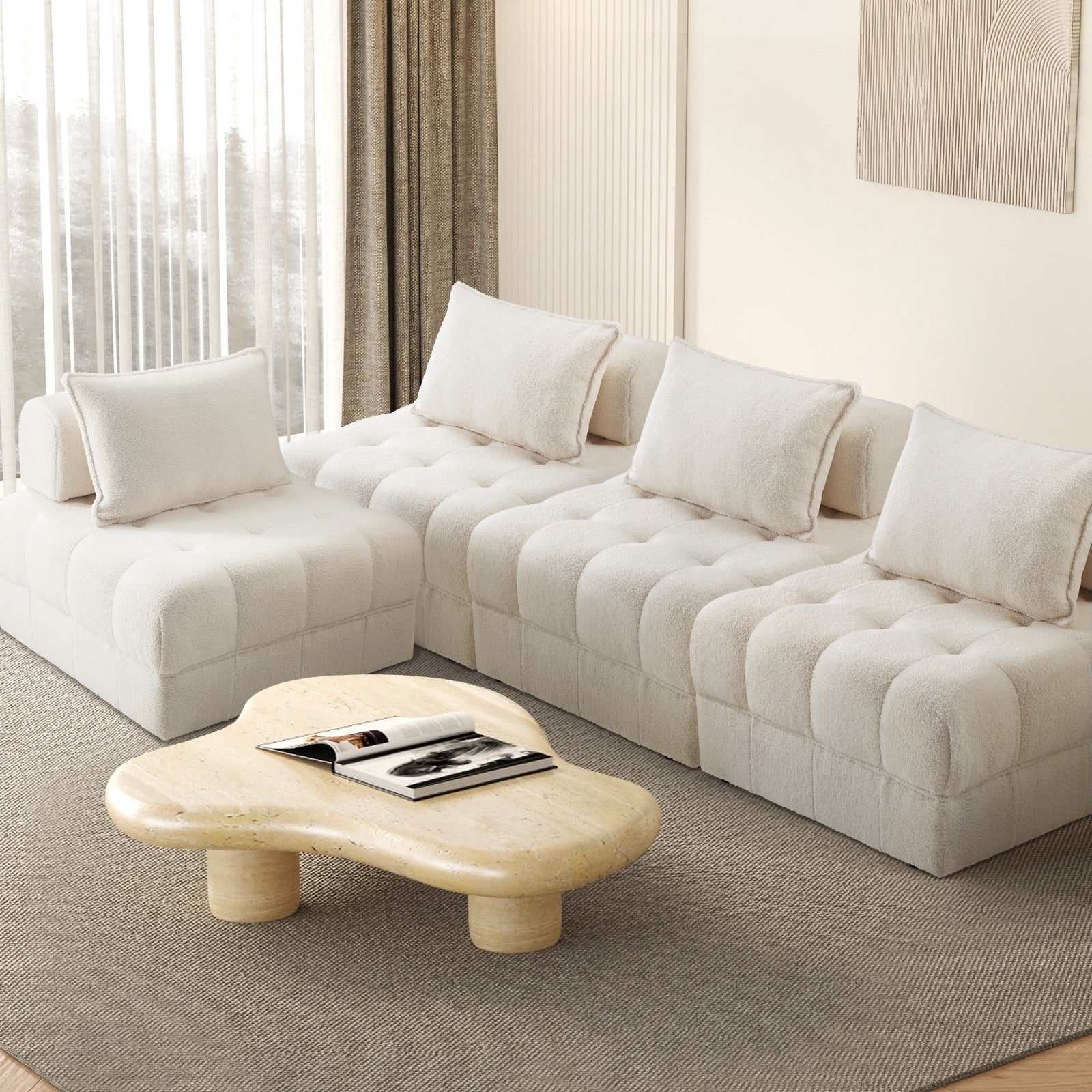 Oikiture 1-6 Seater Boucle/Velvet Modular Sofa & Ottoman Set Armless TOFU Back - Sunyee