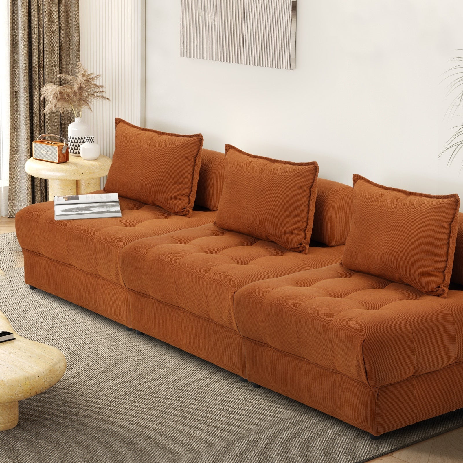 Oikiture 3 Seater Velvet Modular Sofa Lounge Chair Armless TOFU Back Brown - Sunyee