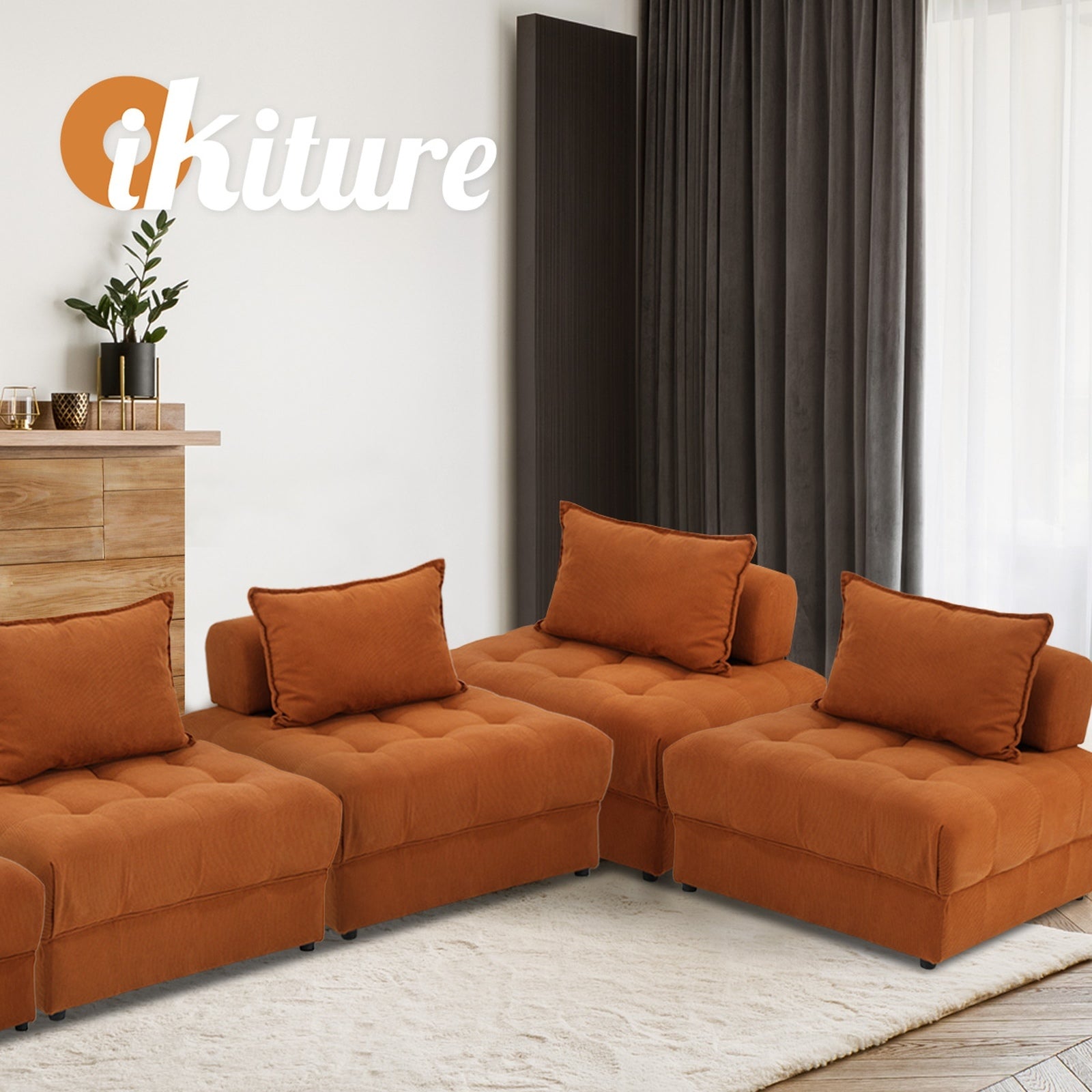 Oikiture 3 Seater Velvet Modular Sofa Lounge Chair Armless TOFU Back Brown - Sunyee