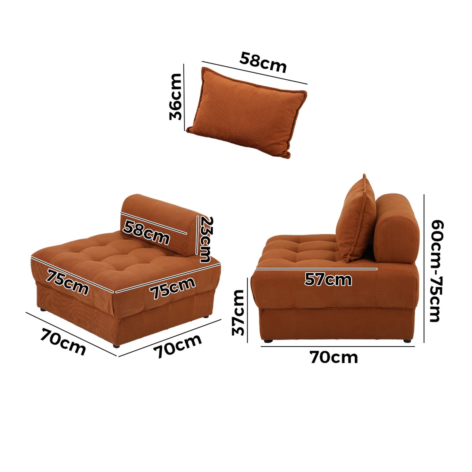 Oikiture 3 Seater Velvet Modular Sofa Lounge Chair Armless TOFU Back Brown - Sunyee