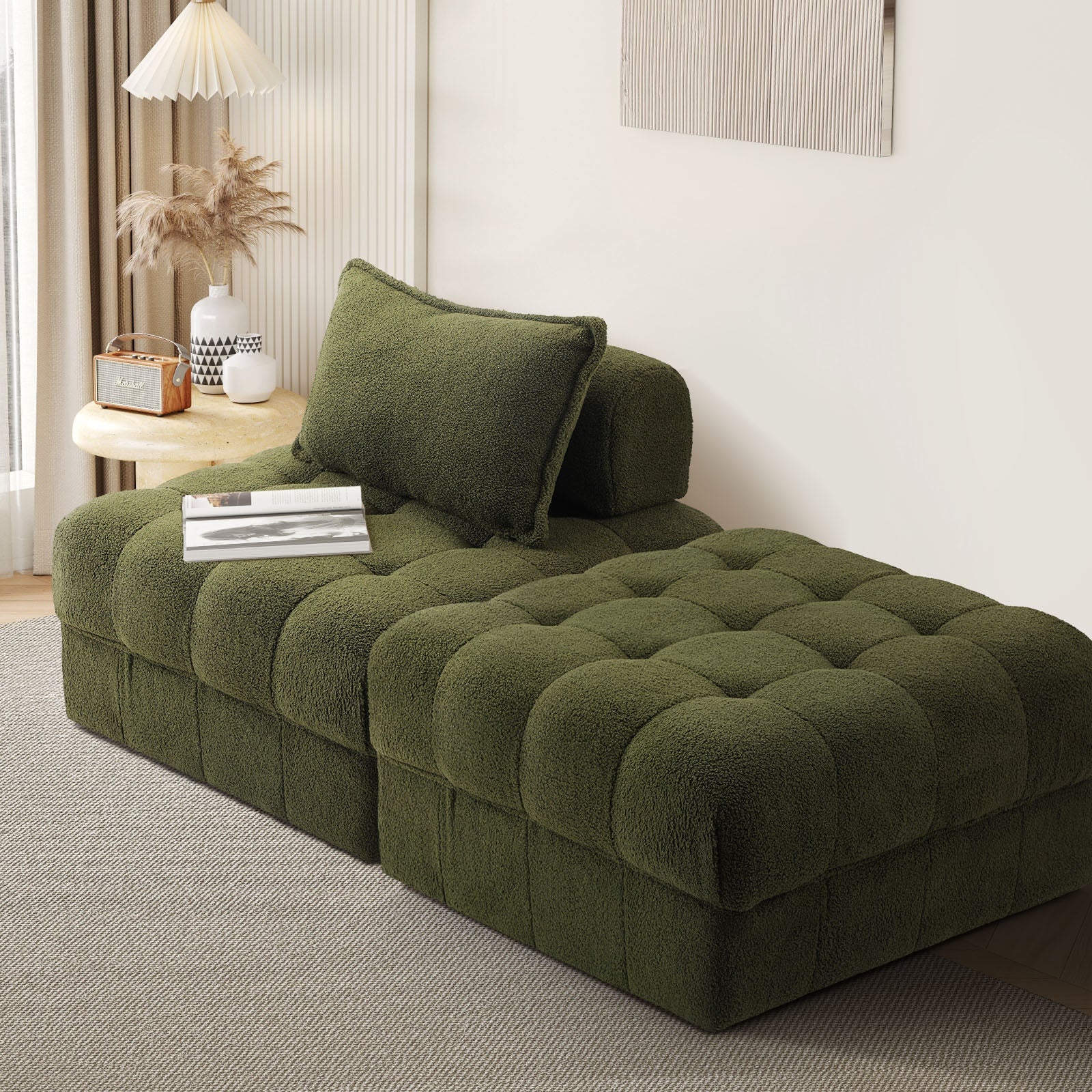 Oikiture 2 Seater Boucle Modular Sofa & Ottoman Set Armless TOFU Back Green - Sunyee
