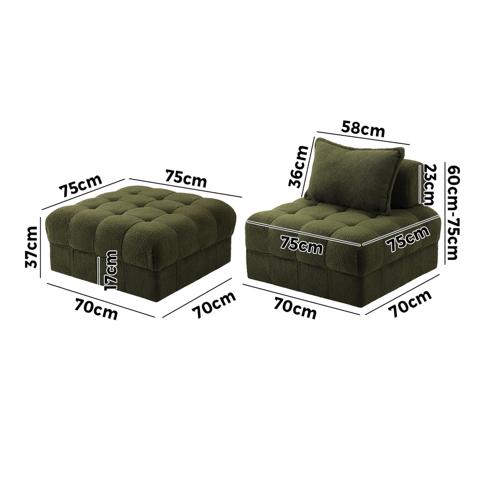 Oikiture 3 Seater Boucle Modular Sofa & Ottoman Set Armless TOFU Back Green - Sunyee