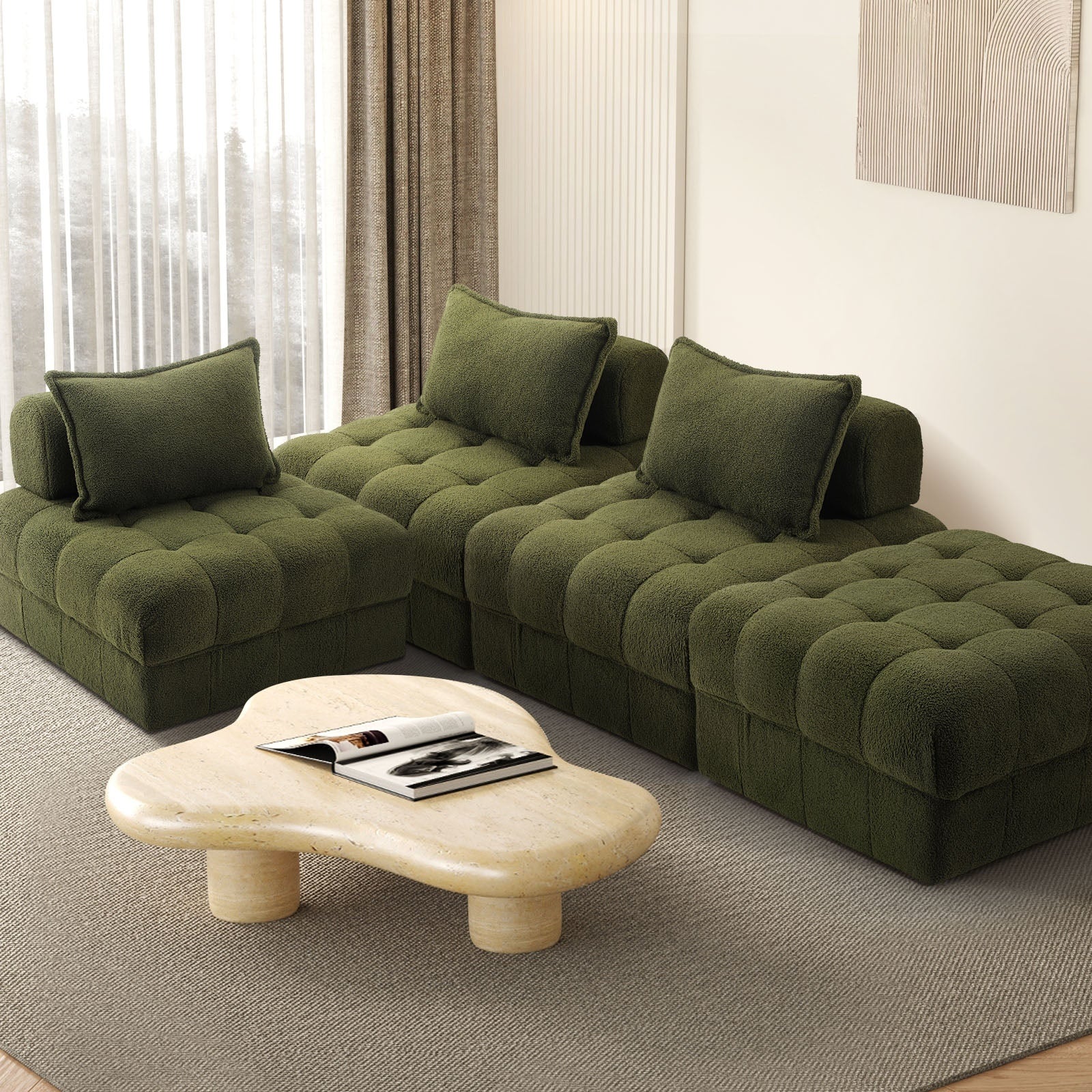 Oikiture 1-6 Seater Boucle/Velvet Modular Sofa & Ottoman Set Armless TOFU Back - Sunyee